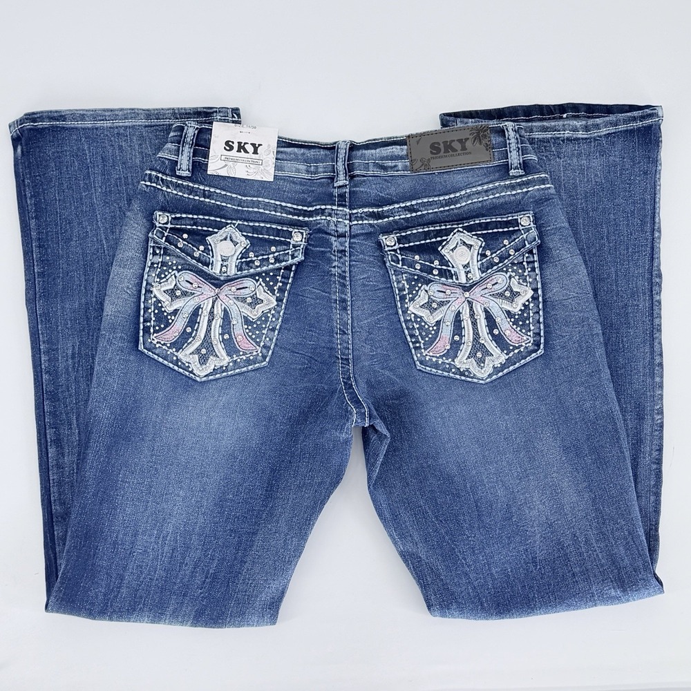 SKY Premium Collection Low Rise Bootcut Jeans Cross Rhinestone Embellished 11/12